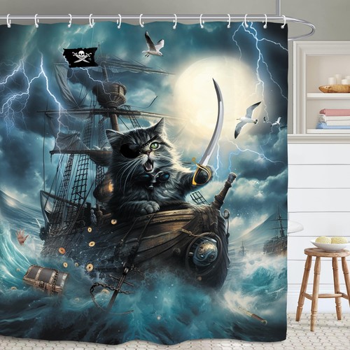 Funny Cat Bathroom Shower Curtain Inch Pirate Ship 60W by 71H Cat Blue Ocean
