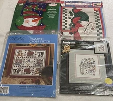 Lot of 4 Craft Projects 2 Cross Stitch 1 Felt Works 1 Iron On Snowman County Ect