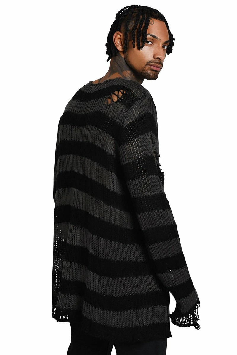 狸27 Killstar Ash Distressed Punk Gothic Knit Stripes Oversized