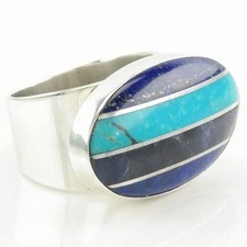 DTR Turquoise Lapis Lazuli Inlay Striped Sterling Silver Ring Size 7 1/4