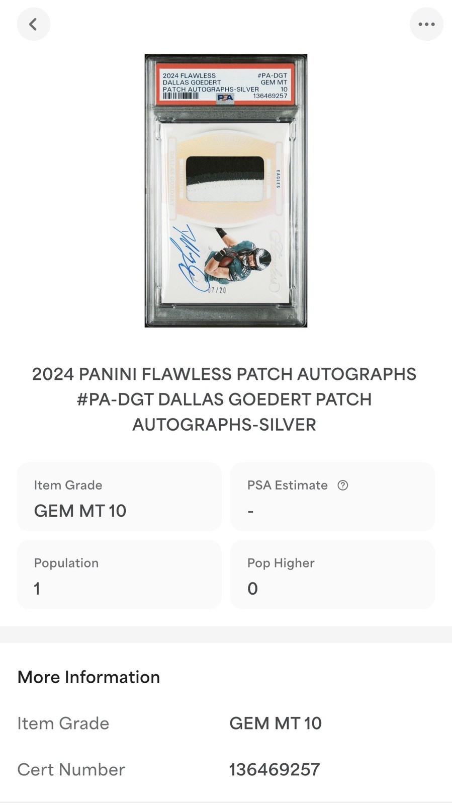 2024 Flawless Dallas Goedert 3-color Patch Auto Silver /20 PSA 10 Pop 1 Eagles view 7