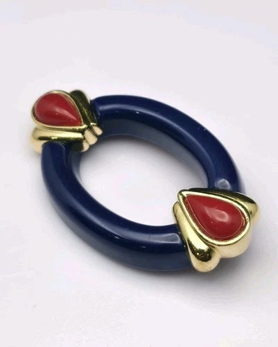 Vintage Avon Blue Deco Brooch Pin 1986 Jewelry Gold Red 80s Classic