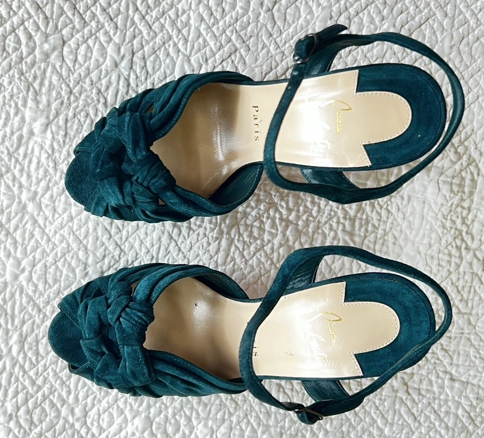 复古 Christian Louboutin 蓝绿色麂皮绒厚底高跟鞋 37 码 1/2 7.5 节 — 第 3/4 张图片