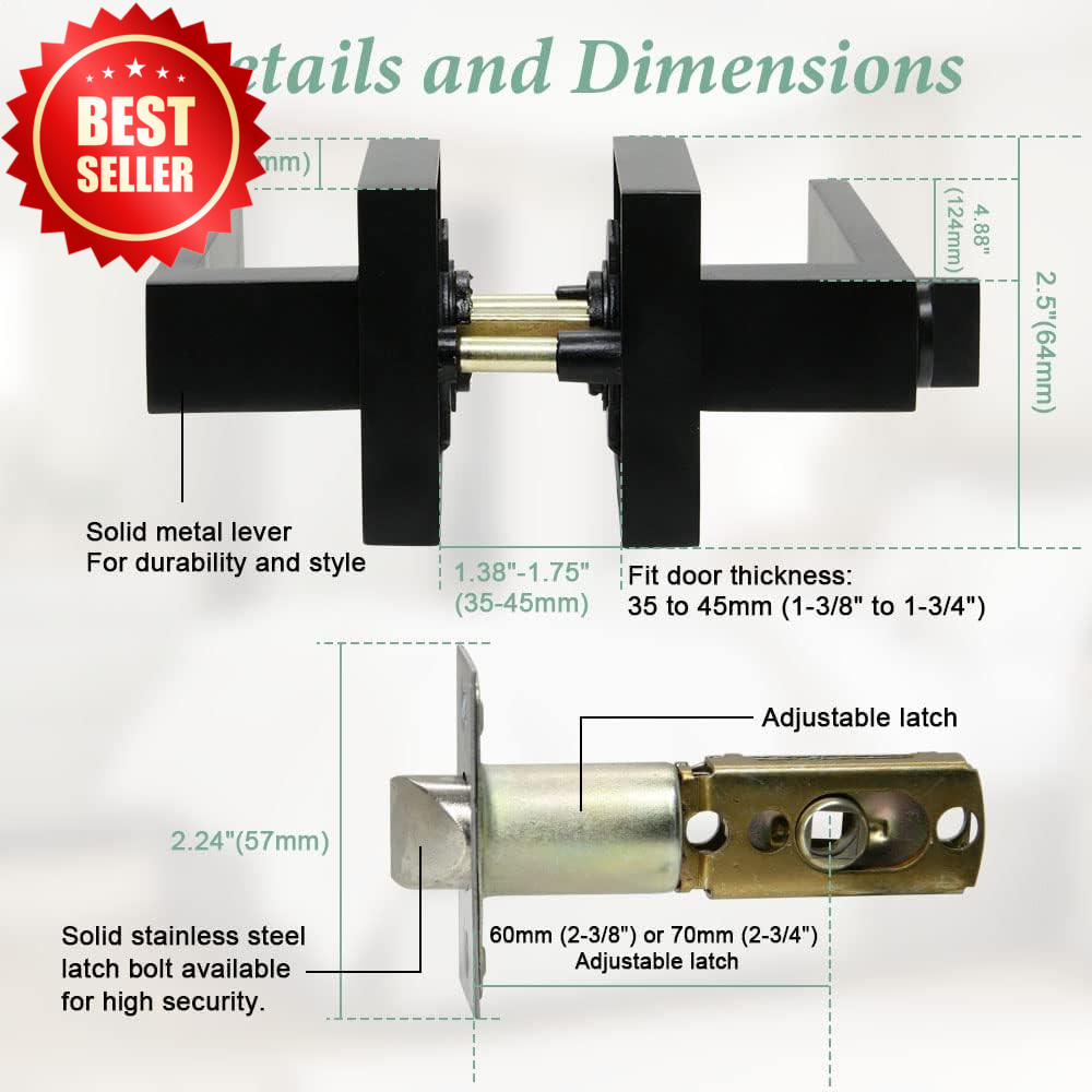 10 Pack Matte Black Privacy Door Levers Square Plate Bed & Bath Interior Locks