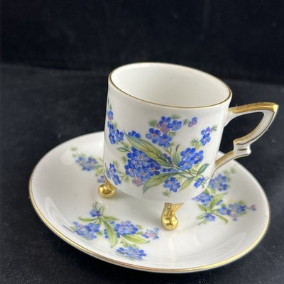 Vintage Footed Teacup And Saucer Set Forget Me Not Floral Pattern And Gold Trim