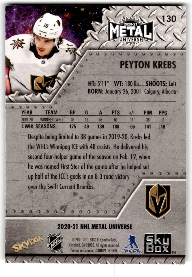 2020-21 Skybox Metal Universe Peyton Krebs Rookie #130 Vegas Golden Knights - Image 2 of 2