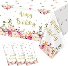 3 Pcs Pink Floral Happy Birthday Waterproof Rectangular Table Cloths Rose Gold