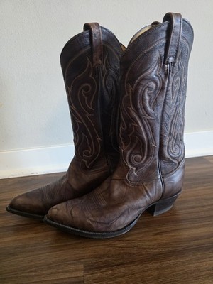 Tony Lama Cowboy Boots Men Size 9D Pointed Brown Leather Embroidered USA