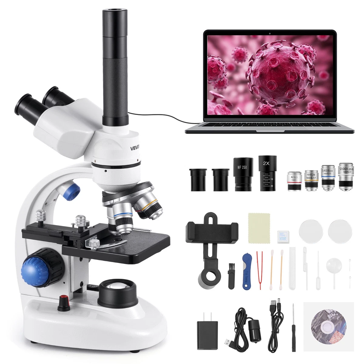 Microscopio trinocular VEVOR con aumento 40-5000X de laboratorio escuela