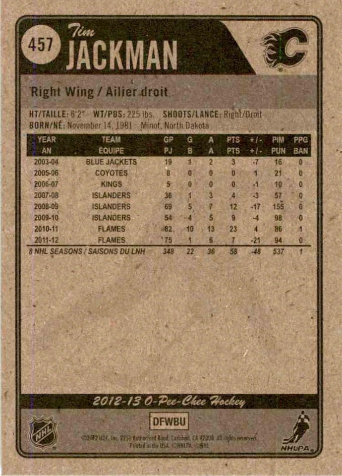 2012-13 O-Pee-Chee Tim Jackman #457 - Image 2 of 2