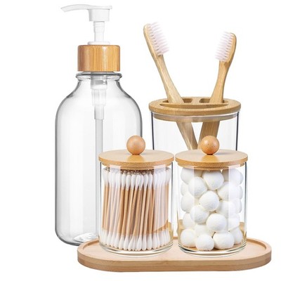 5 Pack Bamboo Bathroom Accessories Set with Tray - Plastic Soap Clear