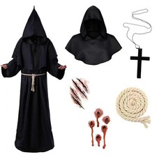 Robe Medieval Monk Hooded Cosplay Halloween Costume Black XL Adult