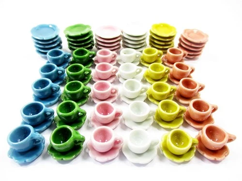 Dollhouse Miniature 90 Mixed Color Ceramic Scallop Plates Dish Cup Saucer 1711