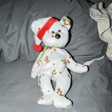 Ty Beanie Babies 1998 Holiday Teddy White Bear with Holly Berries Red Hat