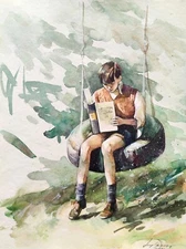 Original Watercolor Painting | Boy on a Swing | Cozy Impressionist Wall Art