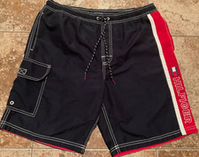 VINTAGE Y2K TOMMY HILFIGER SWIM TRUNKS  MENS M, 34   BLUE FLAG SPELL OUT