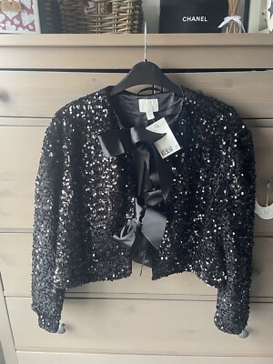 H&M Black Sequin Bow Cardigan Medium BNWT Party UK