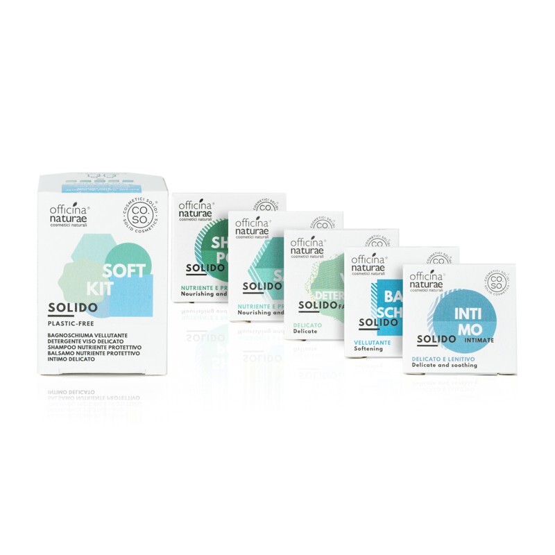 Officina Naturae Solides Kosmetik-Set Soft – Festes Shampoo, Conditioner, Waschgel, 5x 15 G, Plastikfrei, Vegan