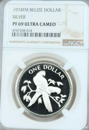 1974 BELIZE SILVER 1 DOLLAR SCARLET MACAW NGC PF 69 ULTRA CAMEO SCARCE TOP POP