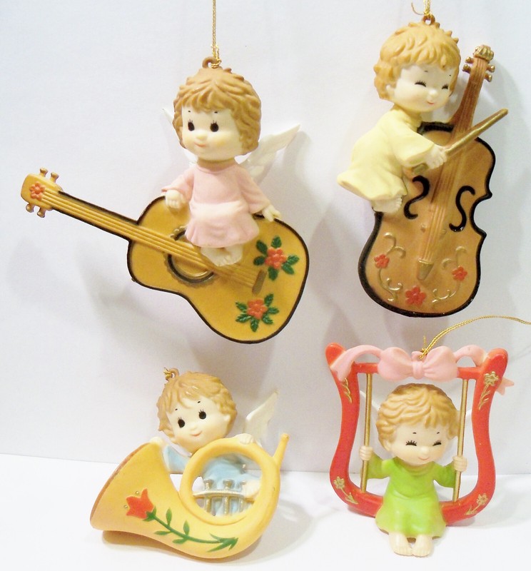 Angel Cherub Guitar Lyre Harp French Horn Cello Bass MCM Plastic Resin Ornaments