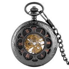 Mens Mechanical Pocket Watch with Chain Steampunk Skeleton Black Watches Luxury