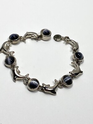 Bracelet Cat s Eye Dolphin Linked Silver Tone Sea-life Fashion Jewelry 7.25  