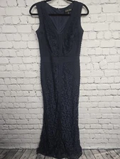 Tadashi Shoji Dress 4 Navy Lace Pintuck Jeresy Piping Cocktail Formal Maxi Gown