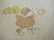 Vintage Handmade Baby Doll Wool Crocheted Knit Bonnet Cape Cap Shoes Lot 7pc