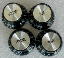 Pack of 4 pcs Metal Cap Bell Knob 2 Volume 2 Tone Control Black Silver Top US Sp