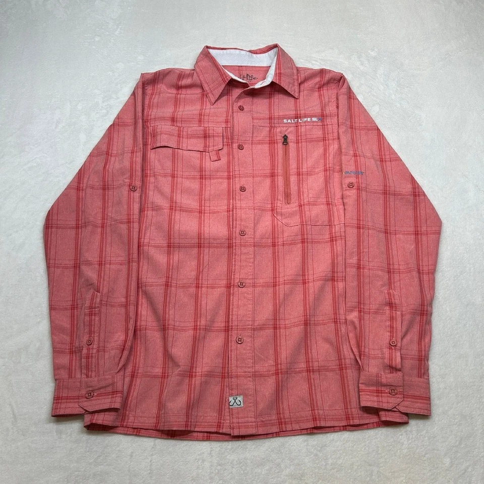 Salt Life SLX UVapor Fishing Shirt Mens Small Red Plaid Roll-Up Long Sleeve - Image 2 of 4