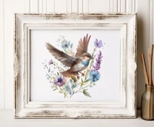 Bird Art Print, Bird wirh Blue and Purple Flowers Wall Art Decor, Home Decor