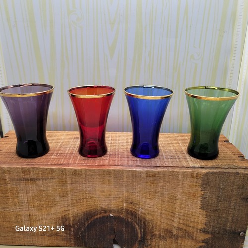 Pier 1 Shot Glasses or Vase Set of 4 Different Colored Glass W/Gold Trim Barware eBay
