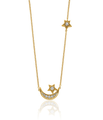 14K massiver Gelbgold 0,19 ct Diamant kleiner Mond Stern Anhänger Halskette 18mm 3/4