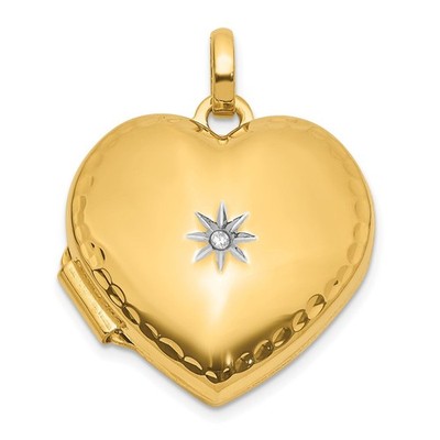 14K Gelbgold & Rhodiniert & Strukturierter Diamant 15mm Herz Medaillon Anhänger