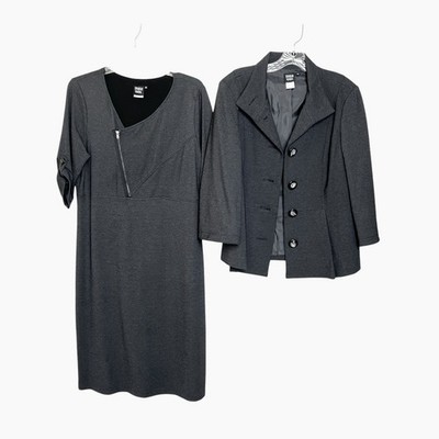 Sharon Young 2 Piece Dress Jacket Gray Sheath Button Blazer Classic Career Vtg