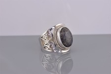 Sterling Silver Flecked Black Agate Scrolled Openwork Band Ring 925 Sz: 8
