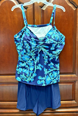 Lands End Teal Floral 2 Piece Swimsuit Sz 24W Underwire Padded Adjustable Straps