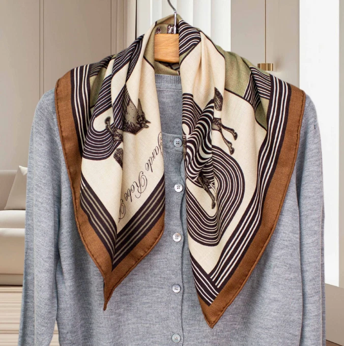 70% Cashmere 30% Silk 26'' Bandana Brown coil Print Shawl Scarf Neckerchief Wrap