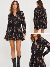 Free People Black Floral Button Front Tie Waist Mini Shirt Dress Small EC