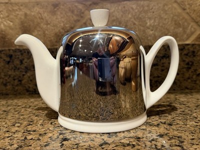 Guy Degrenne Salam Bone China & Stainless Steel Tea Pot White Silver Infuser Lid