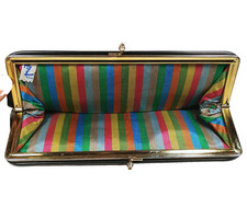 VINTAGE '60s HARRY LEVINE Women Purse Black Clutch Bag Kiss Clasp Rainbow Lining