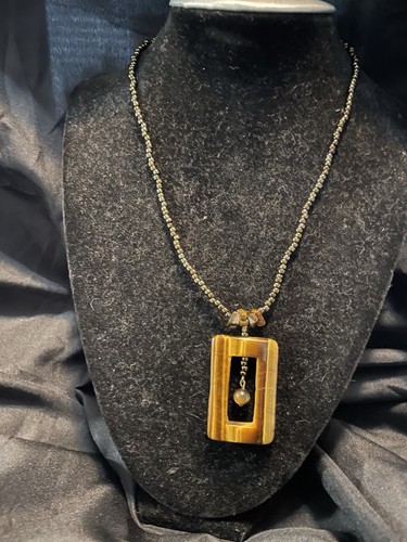 Tiger's Eye Beaded Pendant Necklace, Brown Rectangle Charm Pendant