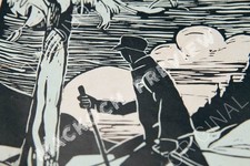 Antike Ski Illustration um 1930 – Original Druck im Linolschnitt Stil Grafik