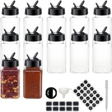 12 Pack 4oz Clear Plastic Spice Jars With Black Plastic Lids, Square Spice Bo...