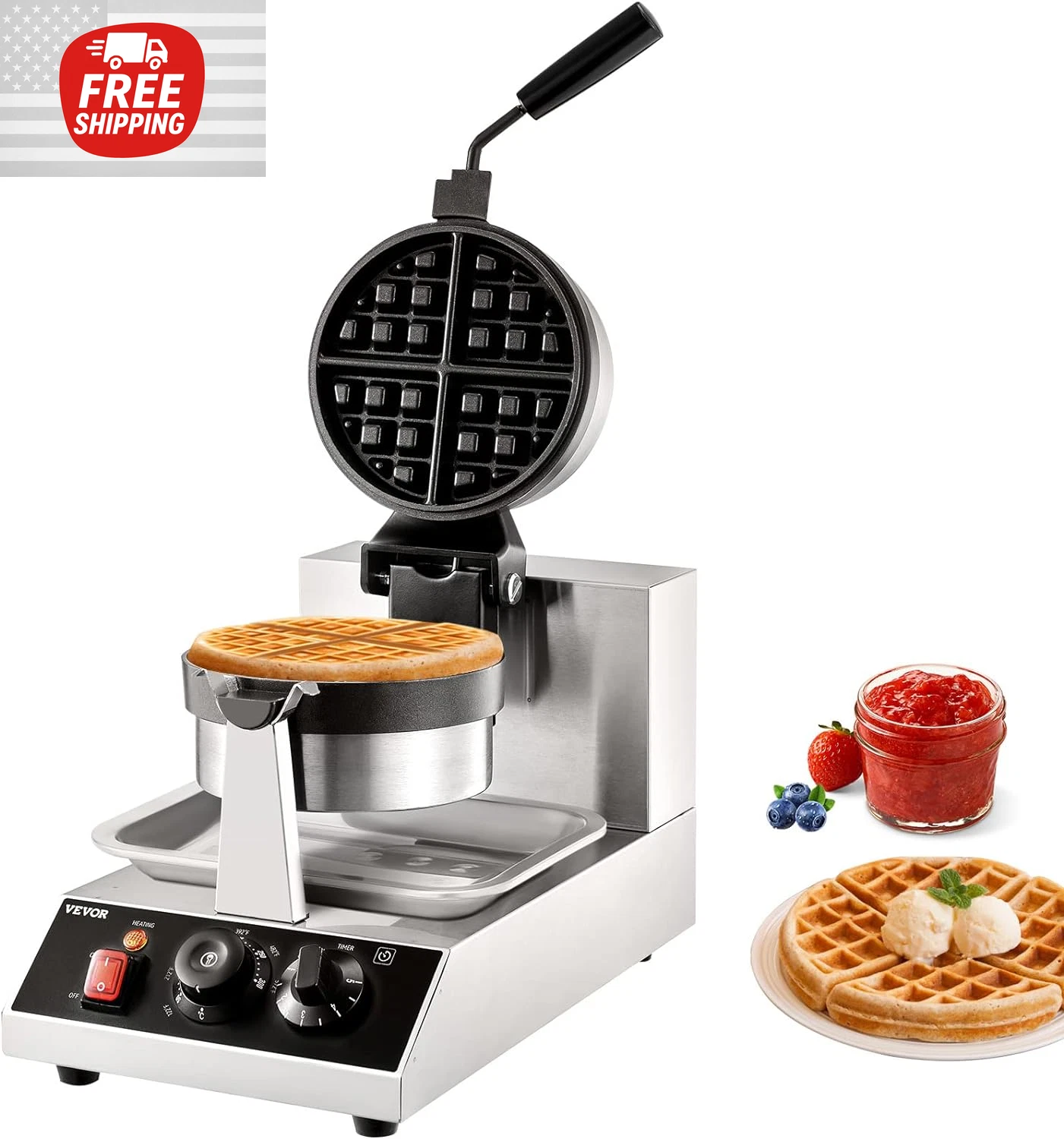 Commercial Waffle Maker, 1300W round Waffle Iron, Non-Stick Rotatable Stainless