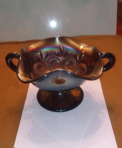Vintage Dugan Carnival Glass Irridescent Amethyst Octopus Footed Bowl w/Handles