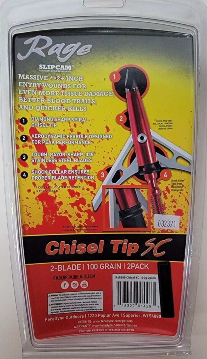 RAGE 2 Blade Chisel Tip SC 100gr 2" Cut Slipcam Broadhead 2Pack 