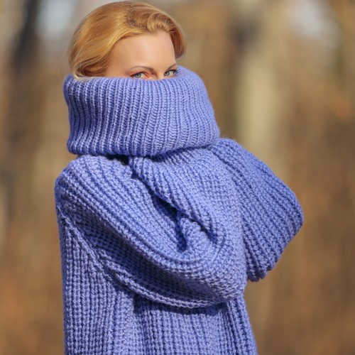 SuperTanya blue wool sweater with extra long turtleneck warm jumper size XL XXL