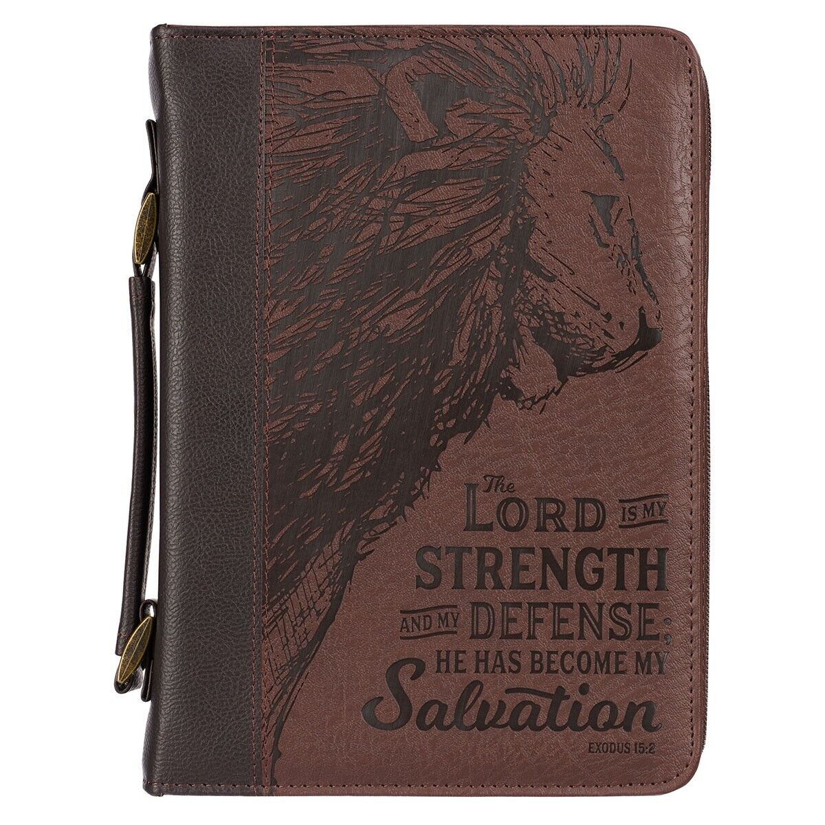 Brown Lion Faux Leather Bible Cover for Men: Lord Is My Strength - Ex. 15:2, LG