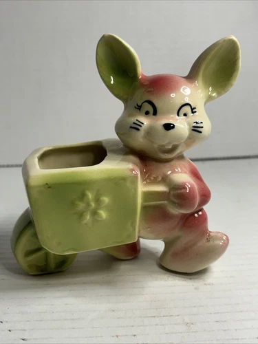 SHAWNEE POTTERY RABBIT WITH WHEELBARRO PLANTER 5 1/4" " TALL MARKED U.S.A #738